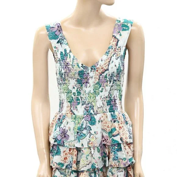 Love The Label Anthropologie Smocked Floral Printed Mini Dress Ruffle M